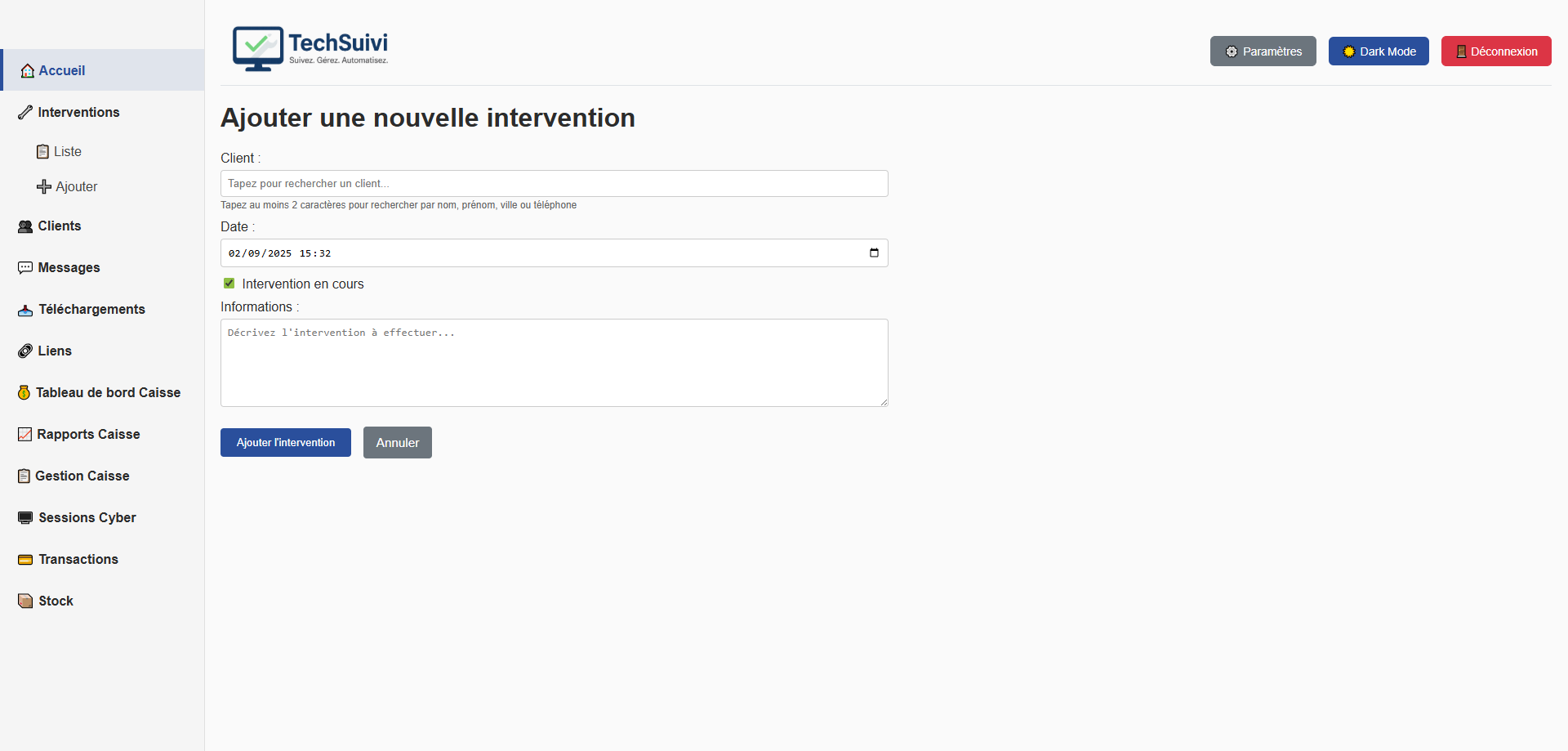Ajout d'intervention